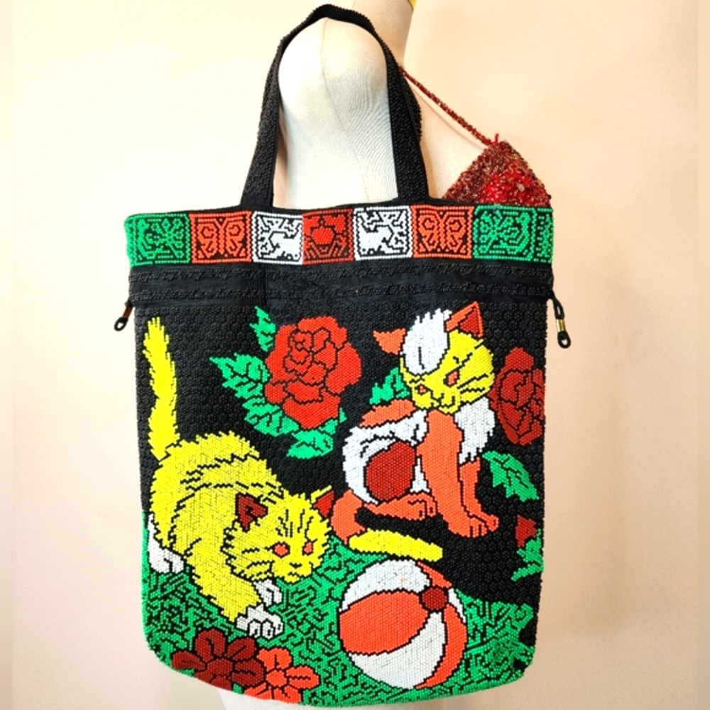 Vintage Beaded Cat Drawstring Shoulder Bag